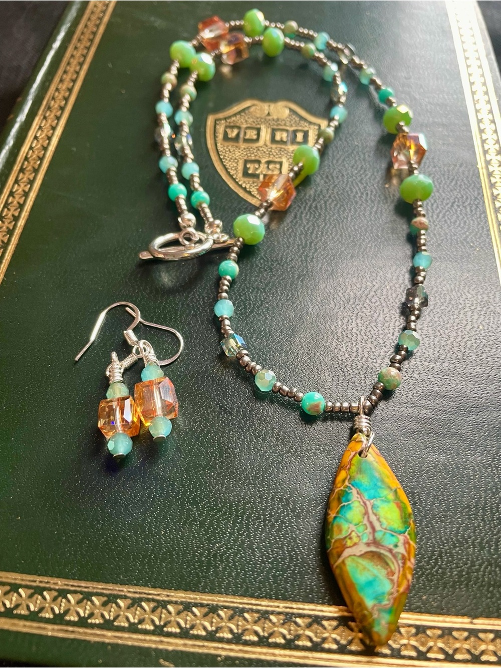 Handcrafted Green & Turquoise Beaded Necklace with Amber Accent Earrings
